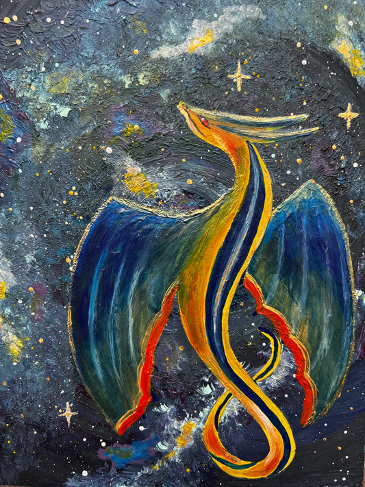 A drawn dragon flying through the universe. Acrylics on paper.