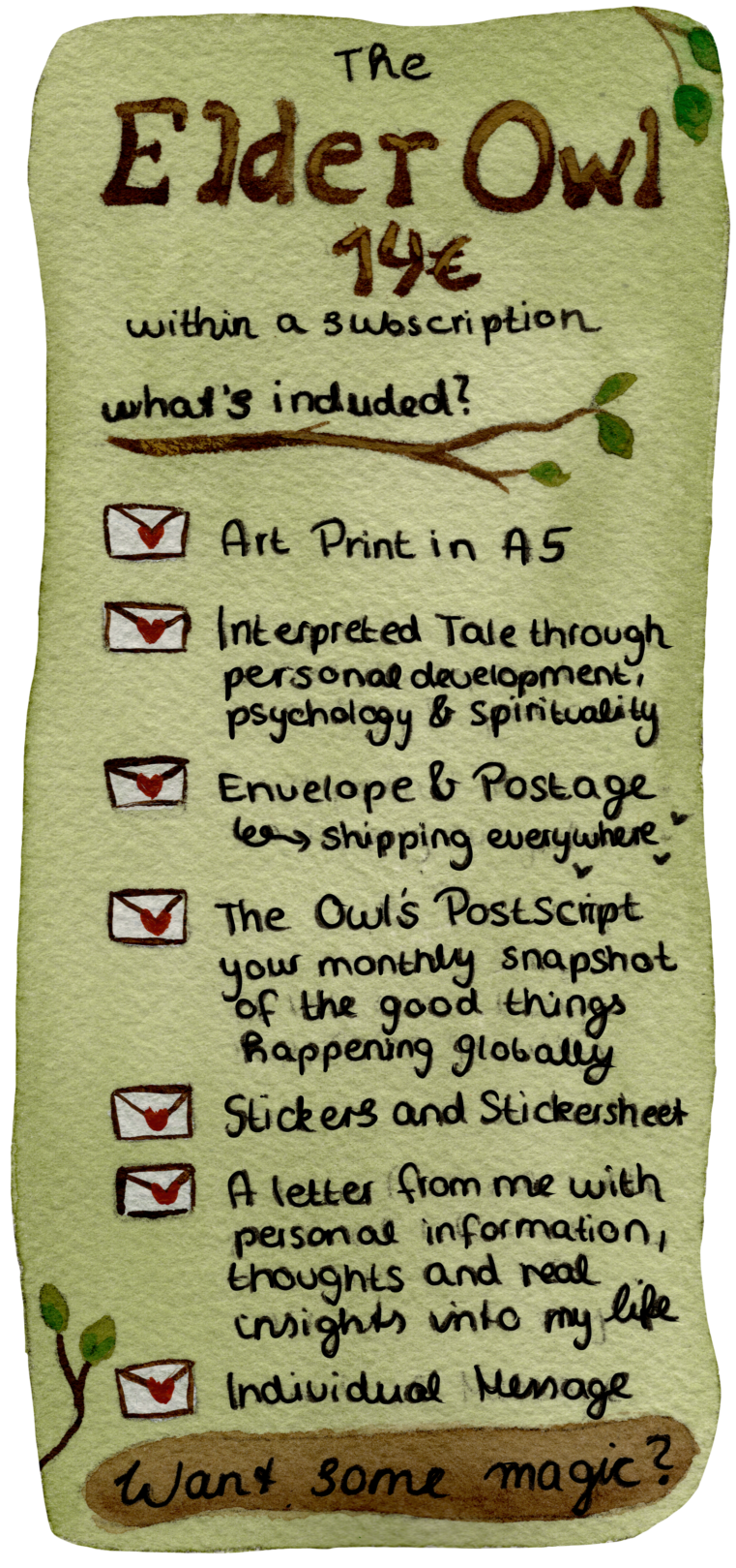 A rectangular sage green card or note with handwritten-style brown text reading 'The Elder Owl 14 Euro' and a checklist of included items, shown on a plain white background.