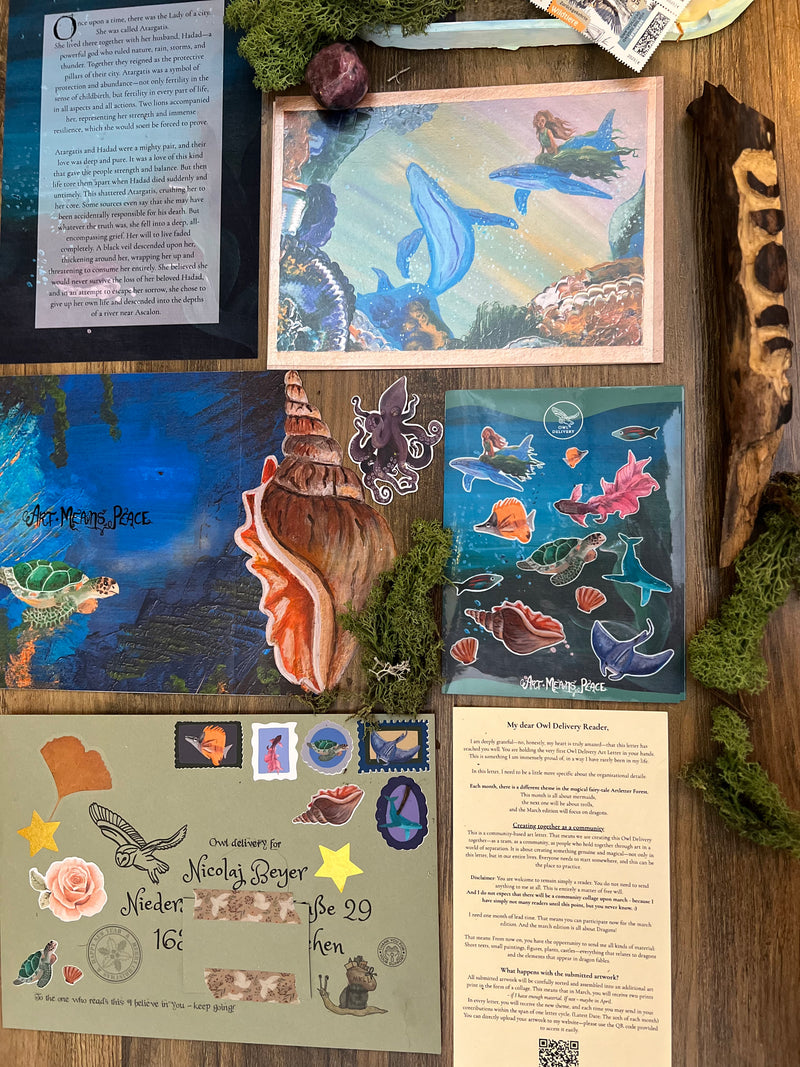 Collection of ocean-themed items including postcards, stickers, and a shell on a wooden surface.