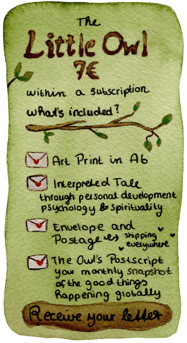 A rectangular green card or booklet titled 'The Little Owl 7€' with handwritten-style text and checklist details,
