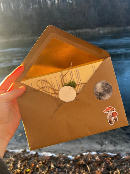 Brown envelope with a letter and stickers held by a hand against a natural background